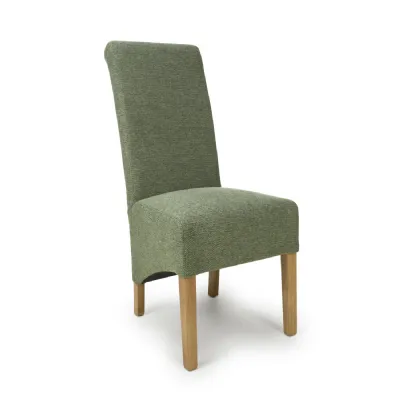Green Fabric Scroll Back Dining Chair Light Wood Legs