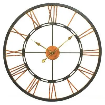 Black and Copper Large Round Metal Skeletal Industrial Wall Clock Roman Numerals 70cm Diameter