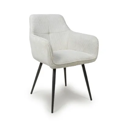 White Corduroy Fabric Dining Chair Black Metal Legs