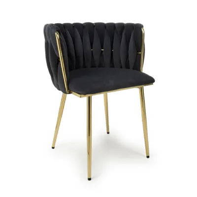 Black Brushed Woven Velvet Dining Chair Gold Metal Legs