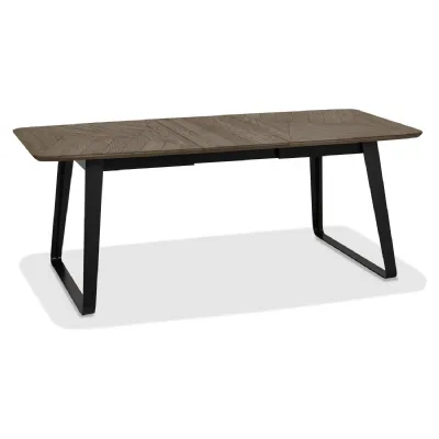 Weathered Oak Top Extending Dining Table Black Metal Base