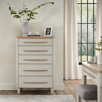 Grey Chest Of 5 Drawers Light Oak Top and Handles