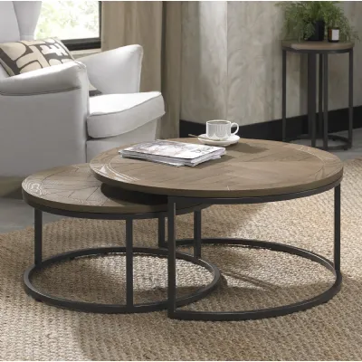 Chevron Weathered Ash Wooden Round Nest of 2 Coffee Tables