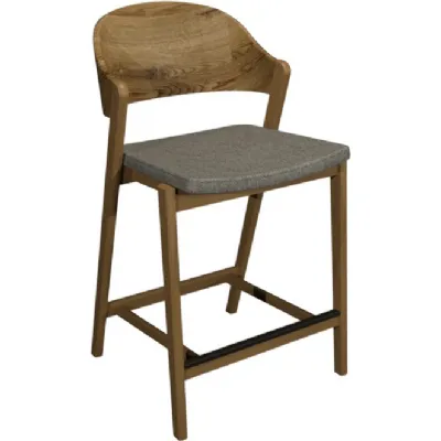 Rustic Oak Carved Back Bar Stool Grey Fabric Padded Seat