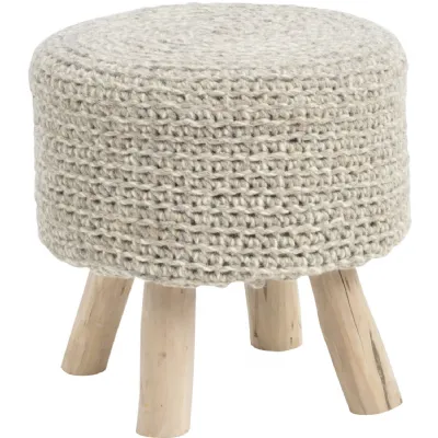 Stone Grey Knitted Wool 40cm Round Stool with Wooden Legs