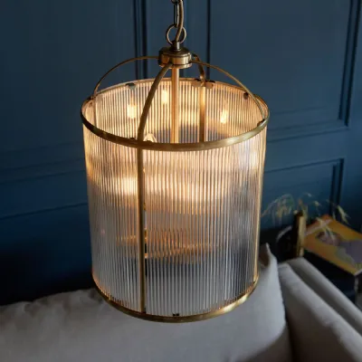 Large Antique Brass Ribbed 4lt Pendant Ceiling Light