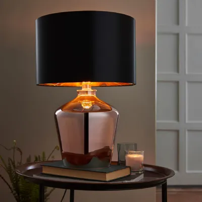 Copper Glass Table Lamp with Black Silk Fabric Shade