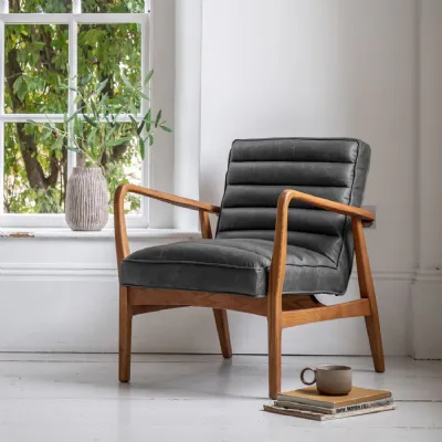 Antique Ebony Black Leather Ribbed Armchair Oak Frame