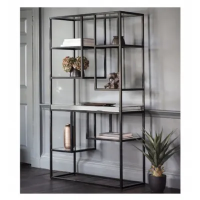 Black Metal and Mirrored Shelves Open Display Shelving Unit