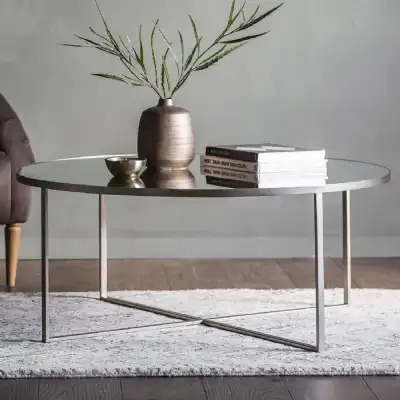 Brushed Nickel Silver Metal Round Coffee Table Glass Mirrored Top