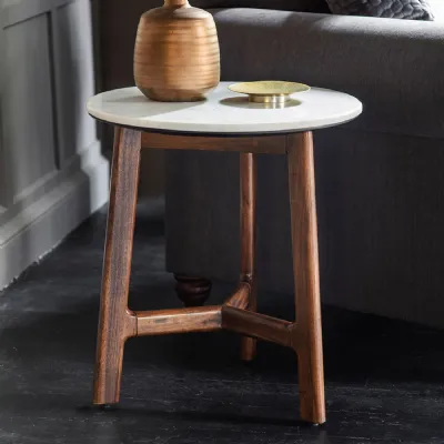 White Marble And Dark Wood Round Side Table