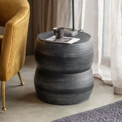 Charcoal and White Hammered Metal Drum Round Side Table