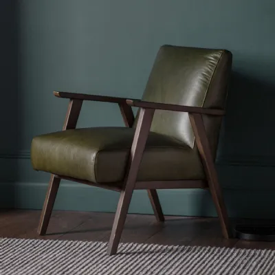 Vintage Green Leather Armchair Dark Wooden Arms and Frame