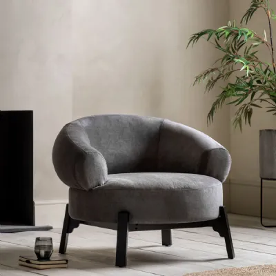 Grey Fabric Curved Armchair Black Wooden Legs
