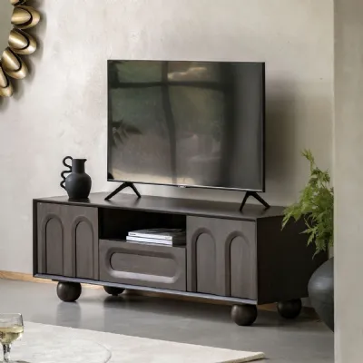 Retro Bold Dark Wood Arched TV Media Unit 140cm Wide