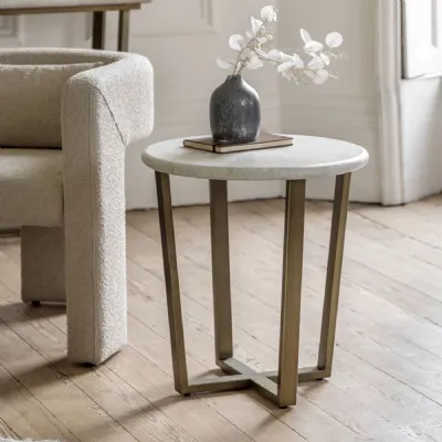 Travertine Top Round Side Table Bronzed Brass Metal Base