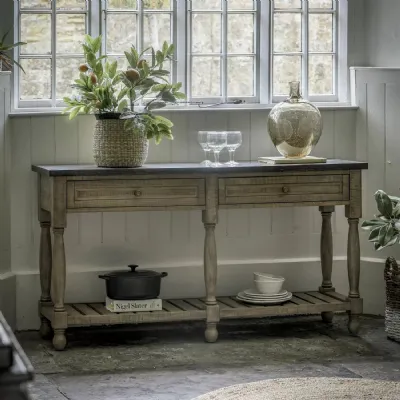 Rustic Natural Wood Marble Top Console Table 2 Drawers