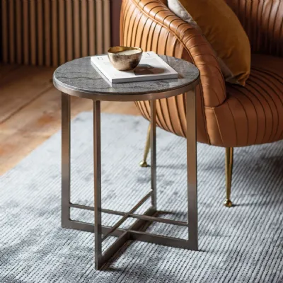 Black Washed Marble Round Side Table Metal Legs