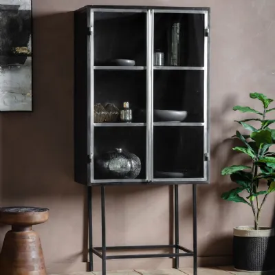 Black Metal Glass Drinks Display Cabinet 2 Doors 2 Shelves