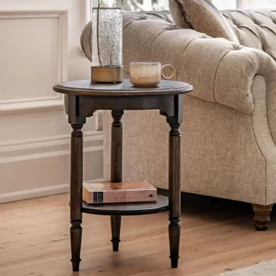 Dark Wood Round Side Table Spindle Legs with Shelf