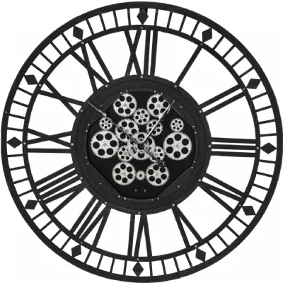 Large Dark Grey 90cm Round Skeleton Moving Cog Wall Clock