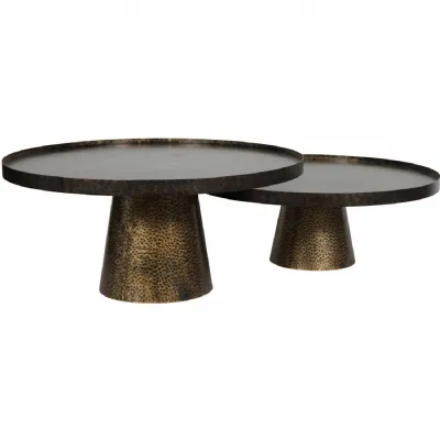 Rustic Antique Gold Set of 2 Round Metal Coffee Tables