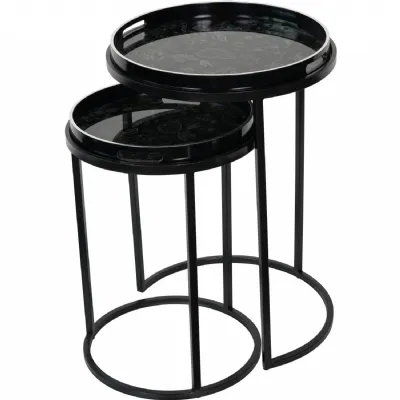 Black Floral Design Round Set of 2 Tray Top Side Tables