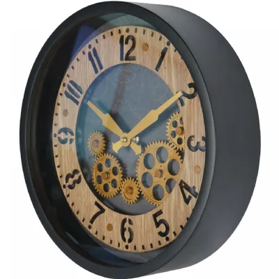 Rustic Industrial Black Wooden Dials Clock with Moving Cogs