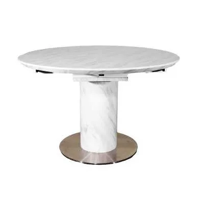 White Marble Round Extending Dining Table Steel Base 120cm Diameter to 160cm Oval