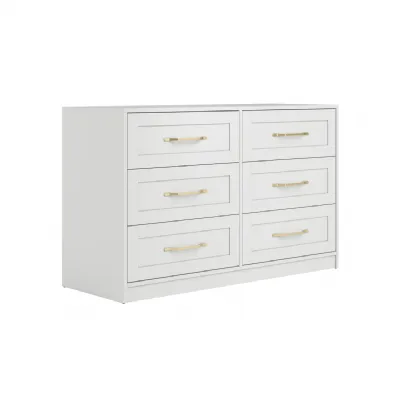 Modern White Wide Chest of 6 Drawers Brushed Brass Handles