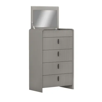 Grey Patterned Tallboy Chest of 4 Drawers with Mirror Lid Top
