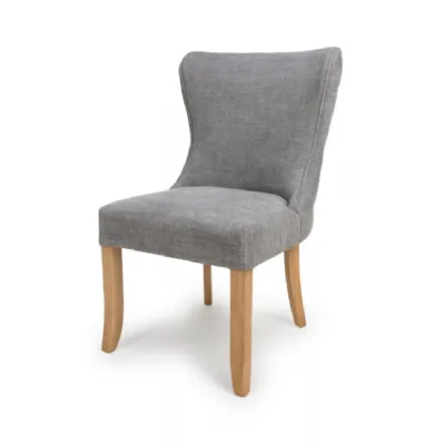 Grey Fabric Upholstered Carved Dining Chair Oak Effect Legs