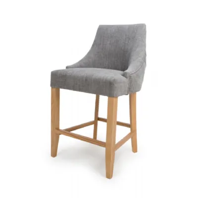 Grey Fabric Buttoned Bar Stool Chair with Oak Legs