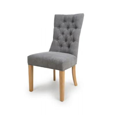 Grey Fabric Buttoned Back Dining Chair Oak Wood Legs