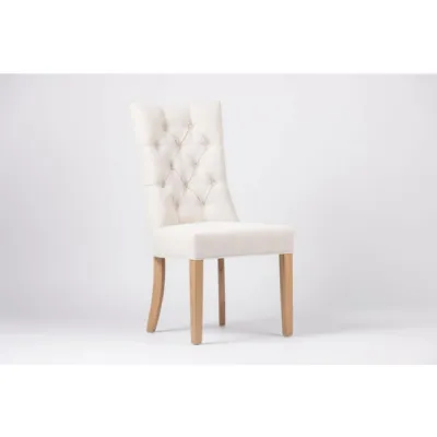 Linen Fabric Buttoned Chair Oak Finish Legs