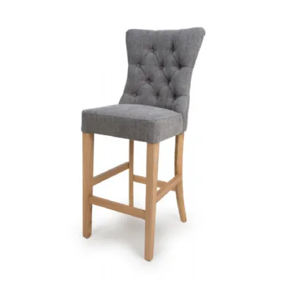 Grey Fabric Buttoned Bar Stool Chair Oak Legs with Foot Rest