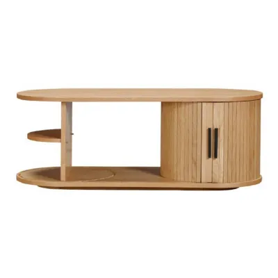 Oak Sliding Door Oval Storage Coffee Table with Open Shelves