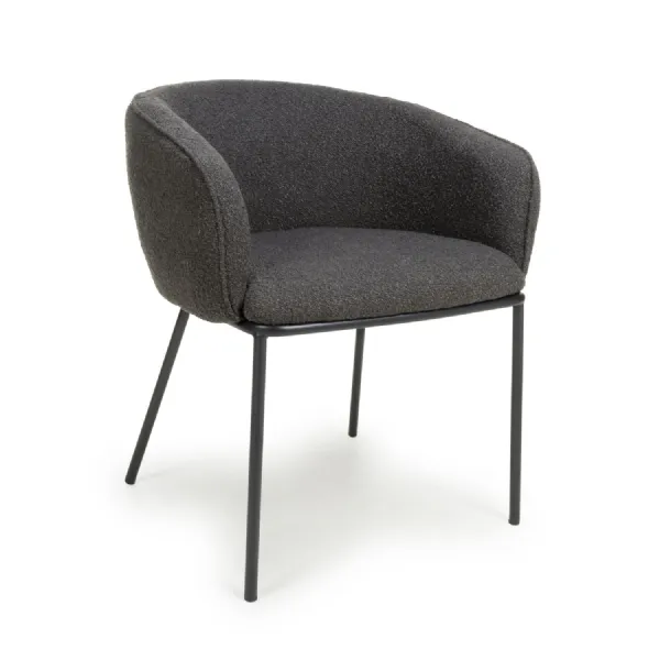 Grey Curved Tub Boucle Fabric Dining Chair Black Metal Legs