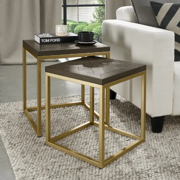 Dark Oak Wood Satin Brass Metal 45cm Square Nest of 2 Tables