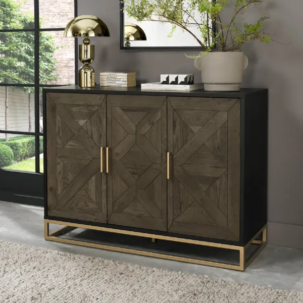 Rustic Dark Parquet Oak 3 Door Sideboard Brass Metal Base