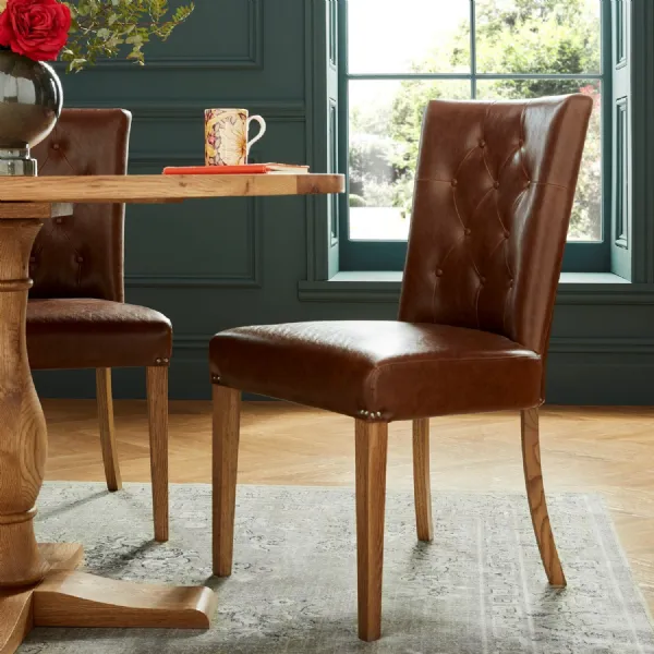 Tan Brown Studded Buttoned Leather Dining Chair Oak Legs