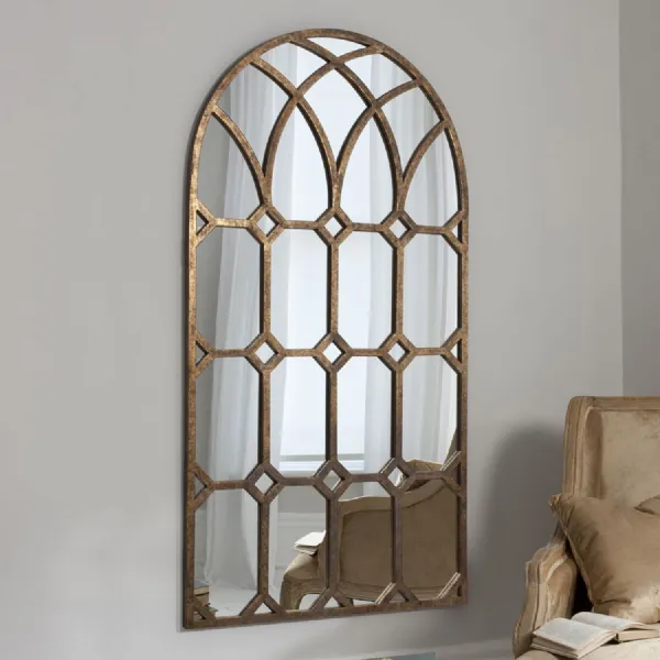 Large Aged Gold Bronze Arched Multi Window Wall Mirror