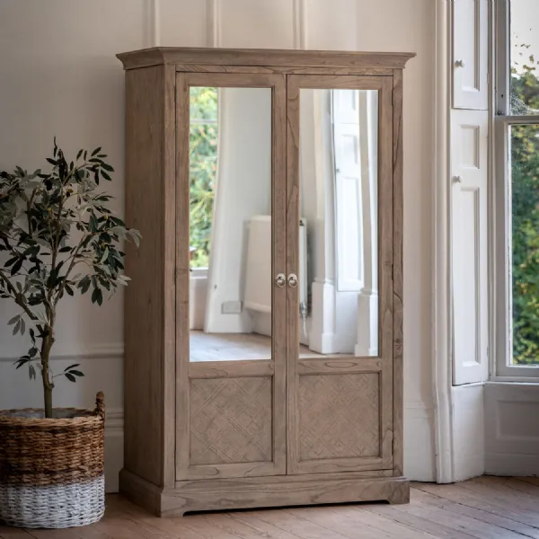 Natural Wood Parquet Glazed Mirrored Double Wardrobe