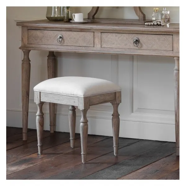 Weathered Mindy Wood Linen Upholstered Dressing Table Stool