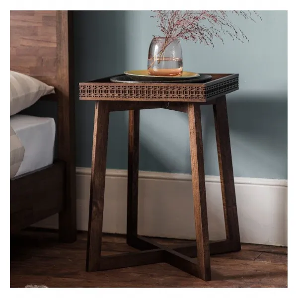 Dark Brown Patterned Mango Wood Bedside Lamp Table