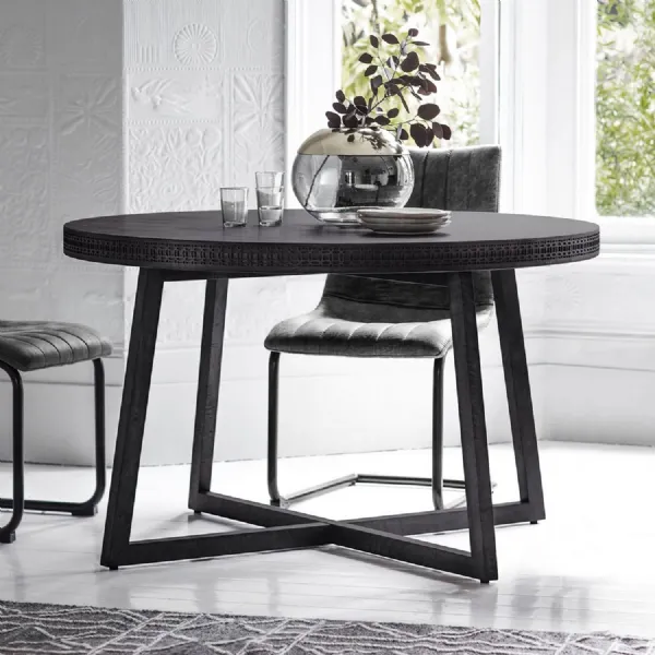 Teak Wood Matt Black Grey Finish 120cm Round Dining Table