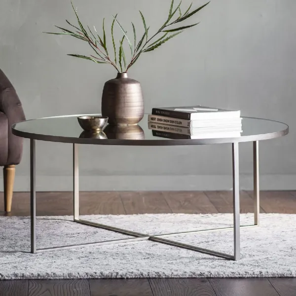 Silver Metal 100cm Round Coffee Table Mirrored Glass Top