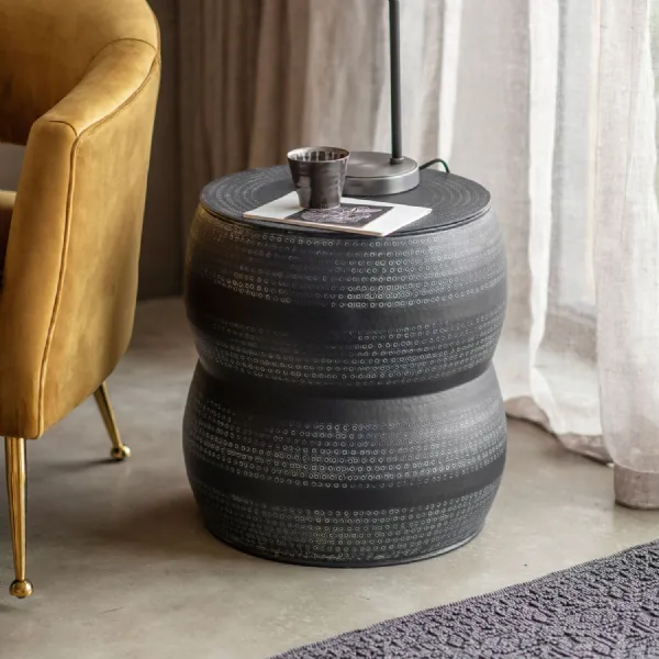 Charcoal and White Hammered Metal Drum Round Side Table