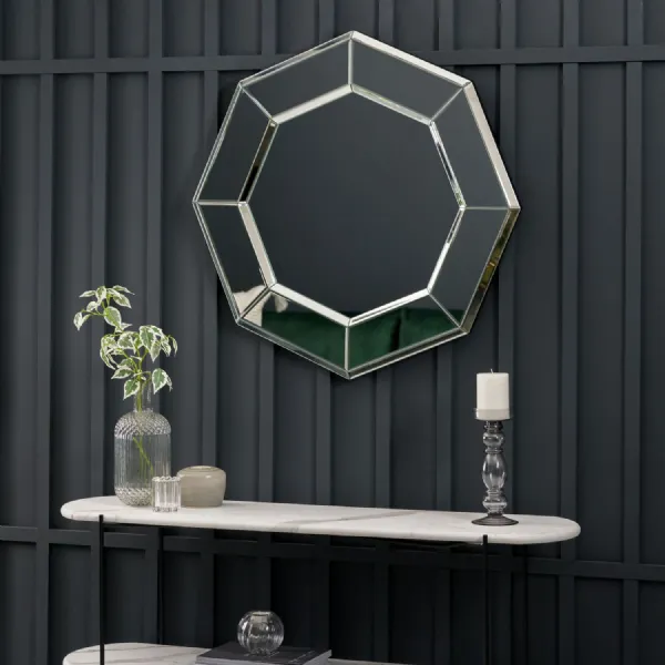 Silver Mirrored Glass Framed Octagon Bevelled Wall Mirror