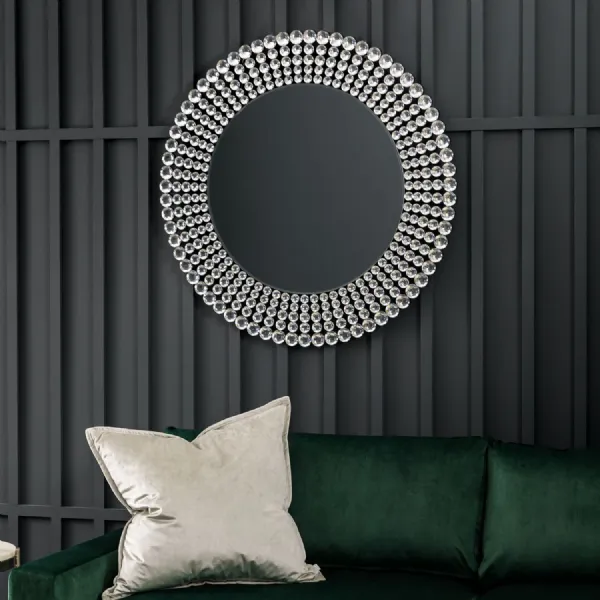 Large Silver Metal Framed Round Wall Mirror with Clear Jewels